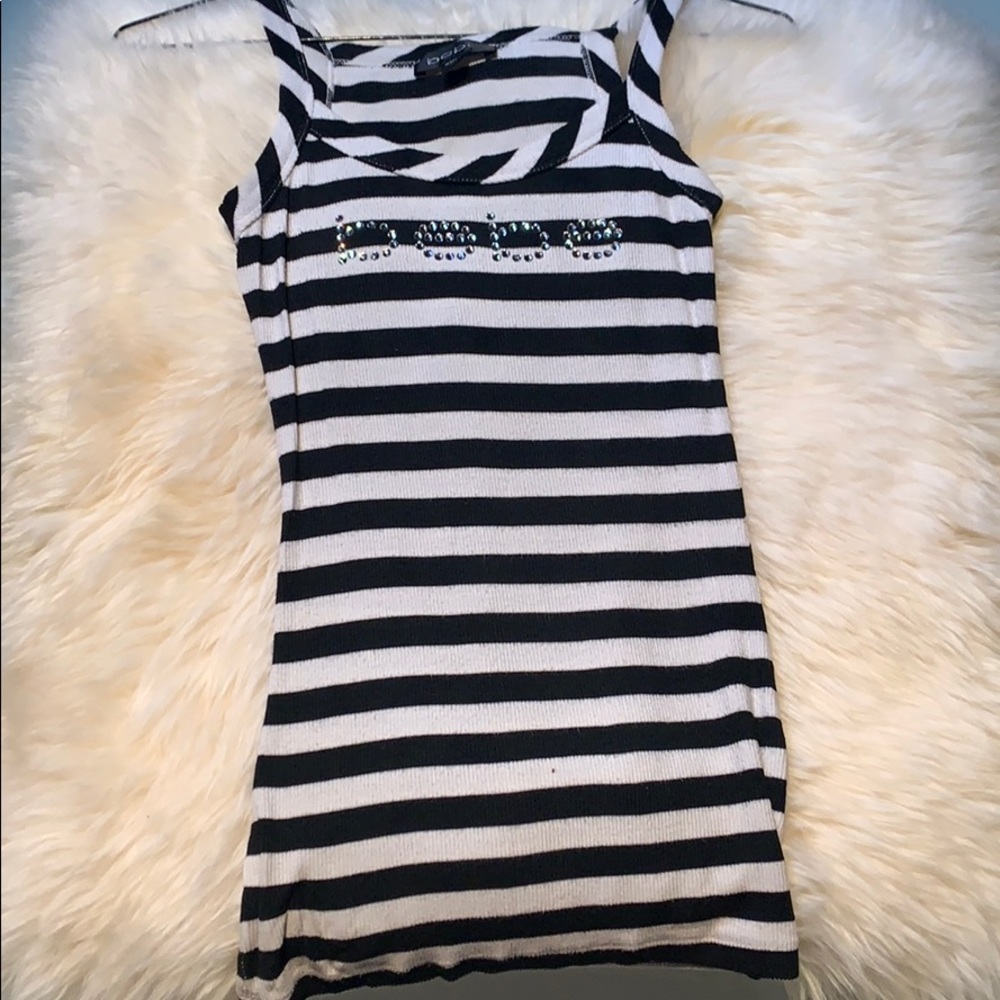 Black and white striped bebe logo tank top